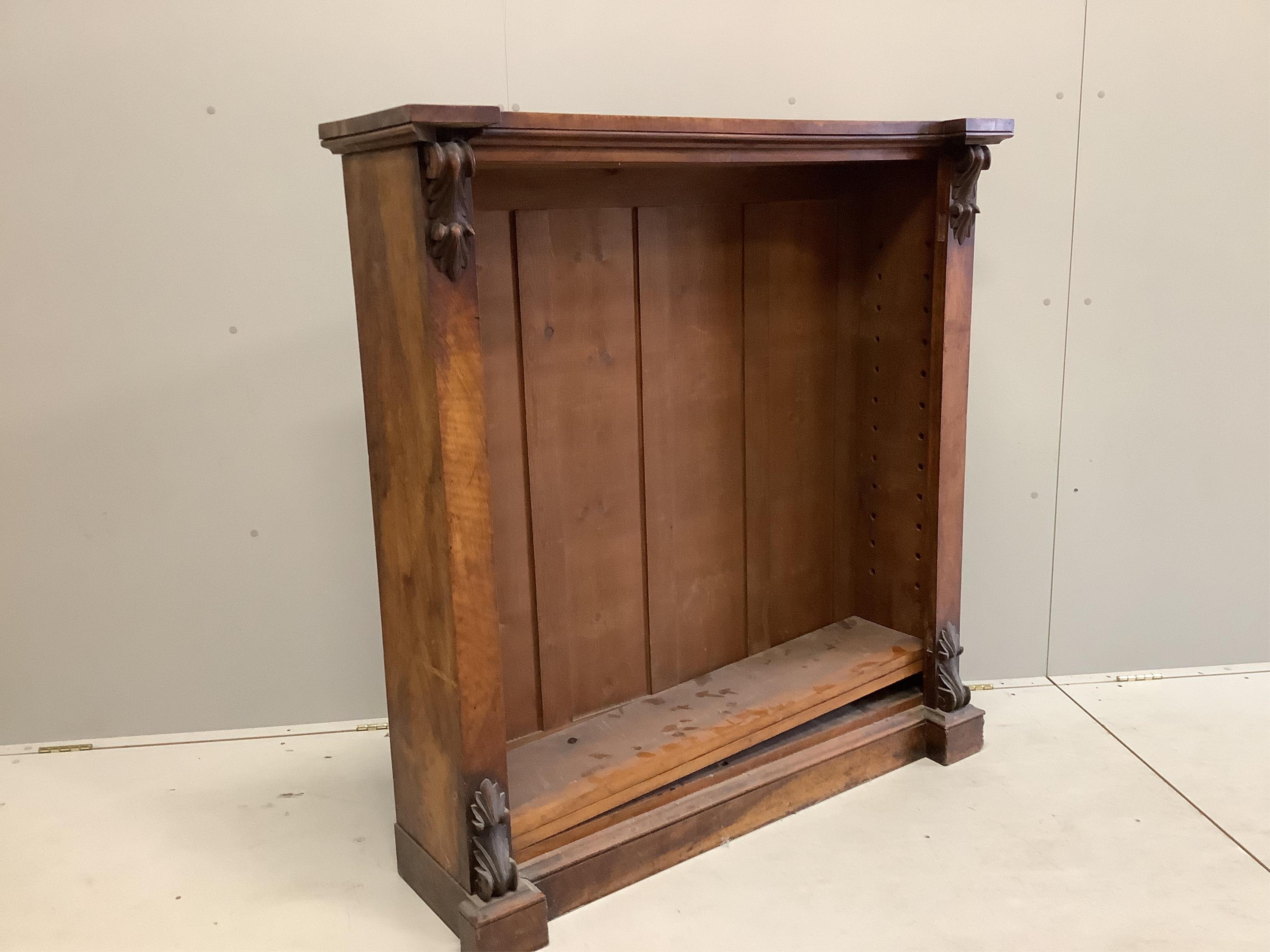 A Victorian walnut open bookcase, width 120cm, depth 32cm, height 126cm. Condition - fair